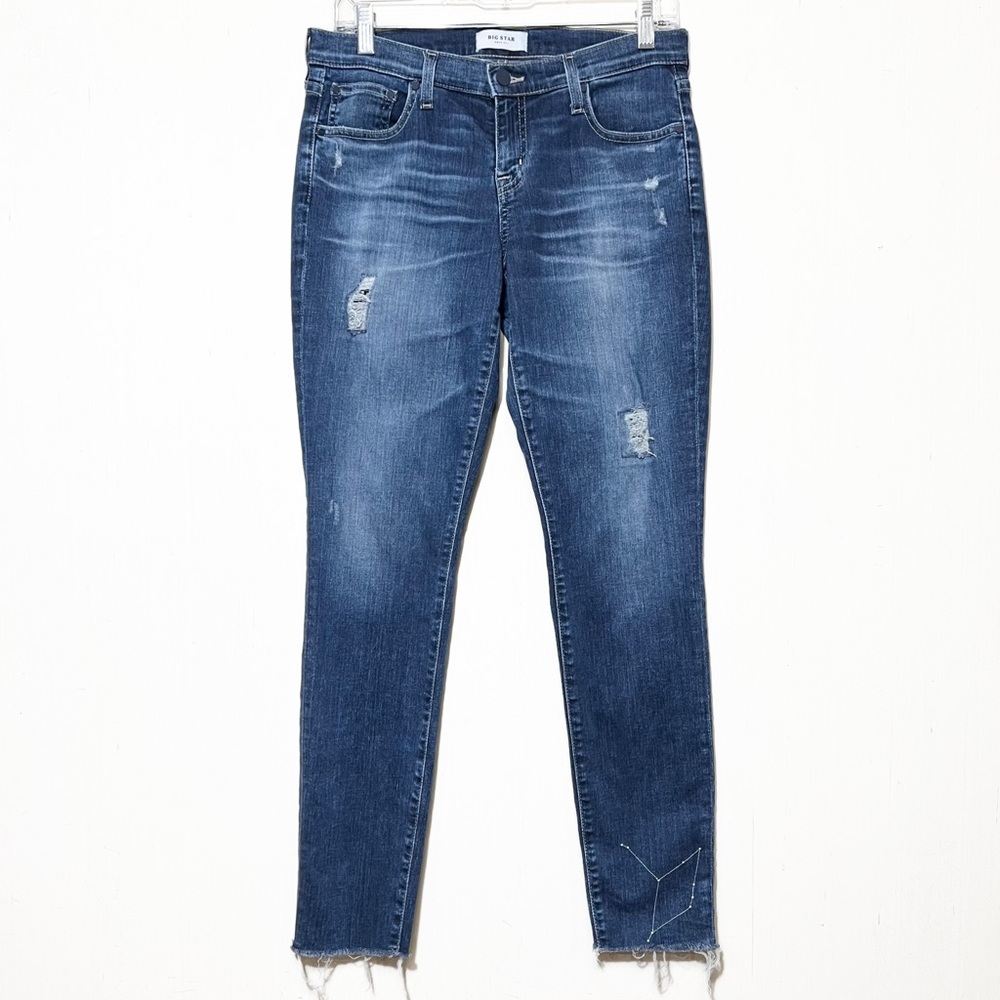 Big Star Distressed Fringe Hem Embroidered Ankle Skinny Jeans 28